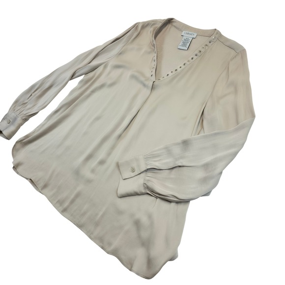 Carmen Marc Valvo V Neck Embellished Long Sleeve Blouse Top M M Beige Polyester - Picture 5 of 9